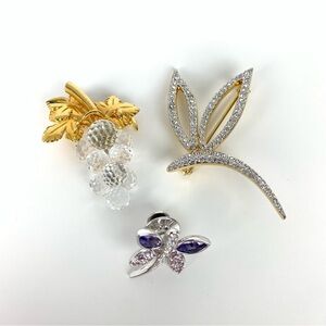 Lot Of 3 Swarovski Brooch Dragonfly Butterfly Grapes Stamp Swan Logo Rhinestones